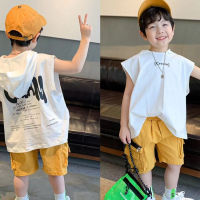 ✨[พร้อมส่ง] เสื้อยืดแขนกุด มีฮู้ด ผ้าฝ้ายแท้ พิมพ์ลายตัวอักษร สีพื้น สไตล์เกาหลี สําหรับเด็กผู้ชาย อายุ 2-14 ปีเสื้อยืดเด็กชาย