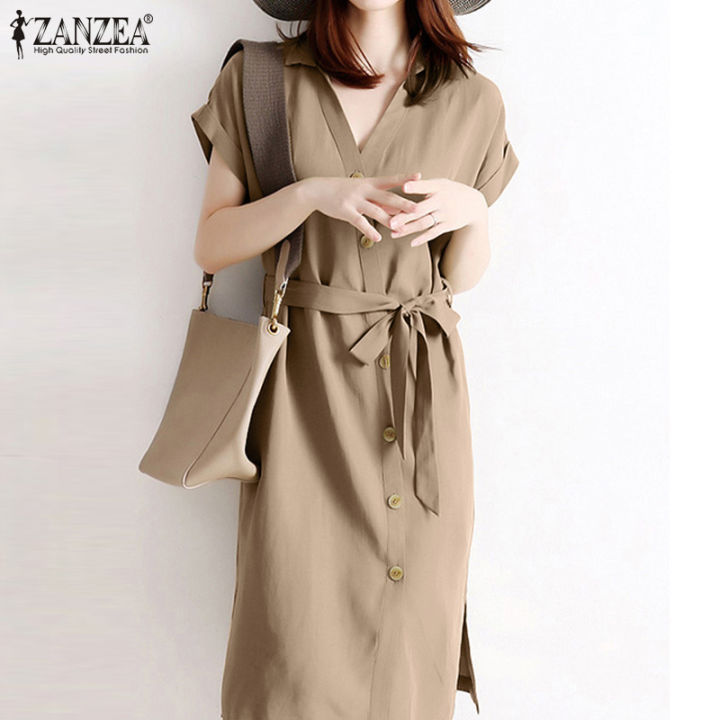 สินค้ามาใหม่-จัดส่งฟรี-เสื้อคอวีแฟชั่นสไตล์เกาหลีของผู้หญิง-fancystyle-zanzea-ชุดเดรสทำงานสำนักงานแบบไม่สม่ำเสมอ-10