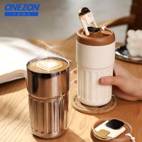 OnezonHome แก้วกาแฟสแตนเลสหน้าจอแสดงผลอุณหภูมิ LED 450มล. ขวดเก็บความร้อนแก้วกาแฟแก้วเดินทางแก้วฉนวนอุณหภูมิ LindaF