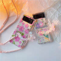 （HOT) โซ่ดอกไม้สีสำหรับซัมซุง GalaxyZFlip3 เคสศัพท์มือถือหน้าจอพับได้เคสแข็งใสสดใสสำหรับผู้หญิง