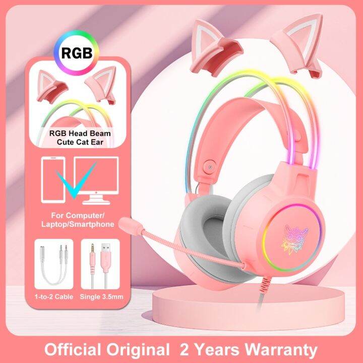 ONIKUMA K9 Pink Cat Ear Headphones With RGB LED Light Flexible Mic Gaming Headset 7.1 Surround