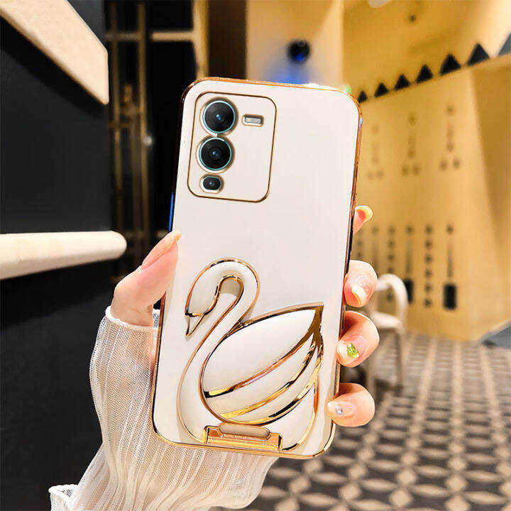 andyh-phone-case-for-vivo-v25-pro-5g-case-new-3d-swan-retractable-stand-phone-case-plating-soft-silicone-shockproof-casing-protective-back-cover