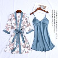 Women Satin Sexy Sets Ladies Nightgown Print Two-Pieces Silk Sleepwear Robe+Nightdress Lounge Sets Pijama