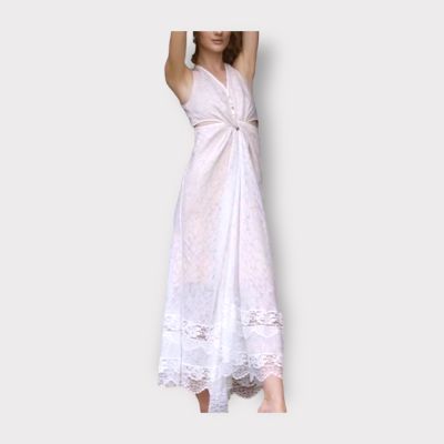 P010-076 PIMNADACLOSET - Sleeveless Knot Front Cut Out Waist Embos Maxi Dress