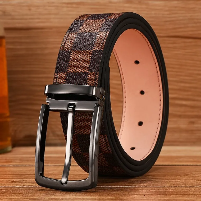 Women Vintage Metal Checkered Leather Squared Buckle Waist Belt