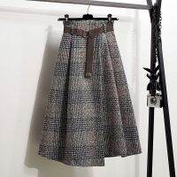 【มีไซส์ใหญ่】Plus Size Womens Plaid Long Skirt Fashion High Waist Autumn Winter Vintage Swing Skirts with Belt