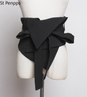 Black Cloth Asymmetrical Bow Bandage Wide Belt Personality Women New Fashion Tide All-match Spring Autumn 2022