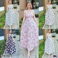 B18023 	เดรสยาวสายใหญ่ ผูกไขว้ด้านหลัง ลายดอกไม้ .big long dress Cross tied at the back, floral pattern ..