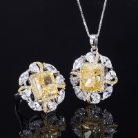 【lz】☌  S925 Conjunto de Jóias de Prata Esterlina para Mulheres Diamante Amarelo De Alto Carbono Colar De Luxo Noivado Anel De Casamento Presente Frete Grátis