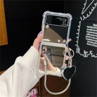 เคสฝาหลัง Flip3 3D เงินลายรักกระจกรูปหัวใจเกาหลีสุดหรู,เคสสำหรับ Galaxy สายข้อมือโลหะ Z Flip4 5G Flip4 Z Zflip4 Zflip3 Flip3