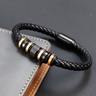 Luxury Stainless Steel Beaded Bracelet Simple Fashion Mens Plating Gold Jewelry Classic Braided Leather Bracelet Homme Gift