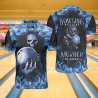 2023 new arrive- Blue flame handle bowling polo shirt, scary skull shirt design for Halloween 3D