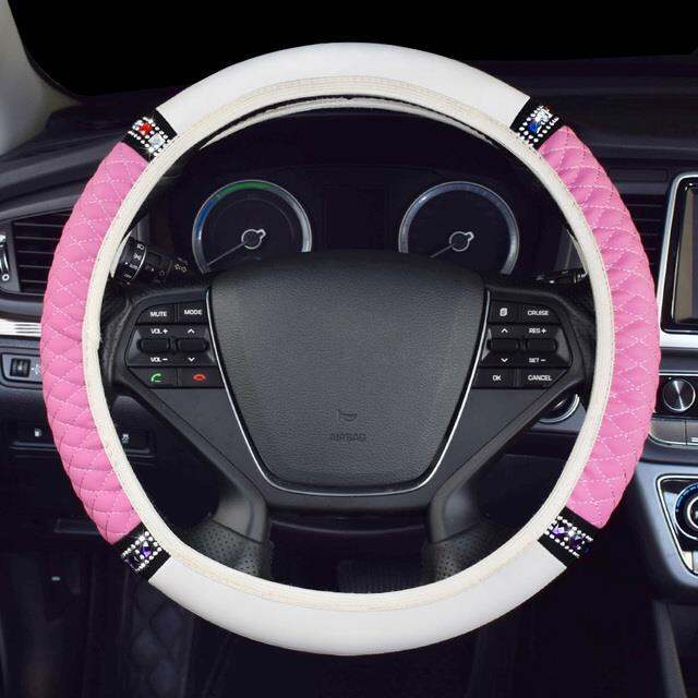 automobile-accessories-พวงมาลัยรถยนต์สีชมพูสีขาว37ซม-38ซม-สำหรับเครื่องประดับ-hiasan-interior-เพชรระยิบระยับสำหรับผู้หญิง