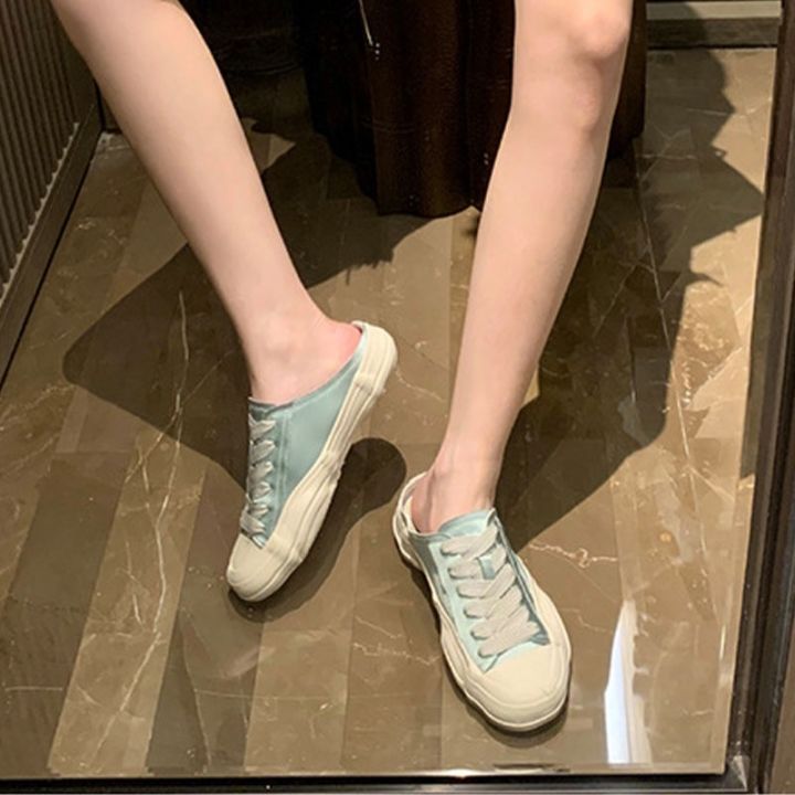 renben-ซาตินรองเท้าสีขาวขนาดเล็กรองเท้าผู้หญิงละลายครึ่งรองเท้าแตะสบาย-ๆ-รองเท้ากีฬาอินเทรนด์ผู้หญิง-v725
