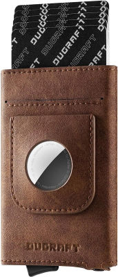 DUGRAFT Pop Up Wallet with AirTag Holder, RFID Blocking Air Tag Wallet with Money Clip Smart Credit Card Holder Wallet for Men(AirTag Not Included) Brown