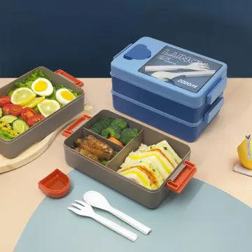 3 Grids Lunch Box with Fork Spoon Sauce Box Cutlery Holder