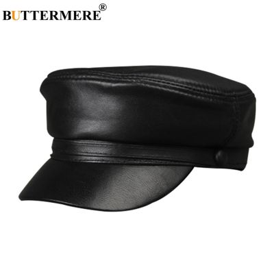 BUTTERMERE Leather Military Caps For Men Black Casual Flat Caps Army Women Genuine Leather Vintage Autumn Winter Military Hats