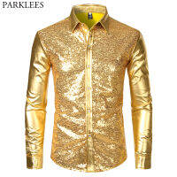 Mens Disco Shiny Gold Sequin Metallic Design Dress Shirt Long Sleeve Button Down Christmas Halloween Bday Party Stage Costume