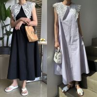 chawy พร้อมส่ง ??? lace lapel dress C3134 เดรสยาวแขนกุด เดรสยาวแต่งปกลูกไม้ มี 2 สี ม่วง ดำ