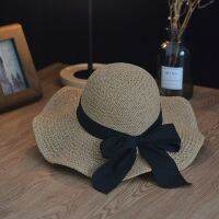 ● Hand-woven wavy edge womens straw hat cotton and linen bowknot beach sun hat seaside vacation photo sun hat