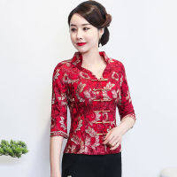 Cheongsam ผู้หญิงขนาดใหญ่ท็อปส์2023ฤดูร้อนตาข่ายผสมเย็บปักถักร้อยแบบดั้งเดิมสไตล์จีนสีแดงรสเครื่องแต่งกาย qipao เสื้อหญิง