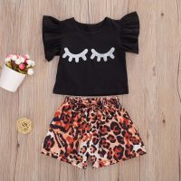 Outfits For Children Girl Shorts Set Fly Sleeve T-Shirt Top Leopard Drawstring Shorts Summer Clothes Toddler Outfits 2pcs Set  by Hs2023