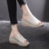 ۩♤ Womens 7CM High Heel Wedge Sandals Real Soft Leather Fish Mouth Slippers