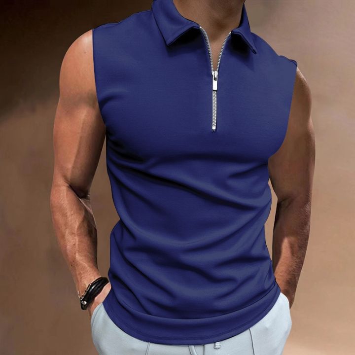 เสื้อโปโลสำหรับผู้ชาย-เสื้อเสื้อโปโลแขนกุดแขนลำลองขาสั้นสีทึบทางการเสื้อโปโลกีฬาเสื้อผ้าแนวสตรีทแฟชั่น
