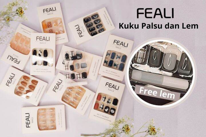 FEALI Kuku Palsu Dan Lem Fake NaILS Kuku Palsu Aesthetic Tahan Lama