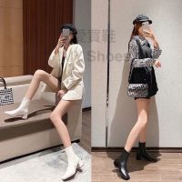 Hot Celebrity Influencer American Style Dongdaemun Building Block Heel Square Toe Socks Set Boots Shape Thick Ou Greasy Favorite All-Match Slimmer Look Short Ankle