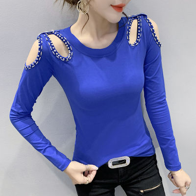 YIMEI Spring 2023 New Design Blue Backing Shirt Heavy Work Beaded Foreign Air Leakage Shoulder T-shirt Women Sexy Tight Slim Long Sleeve Top Women