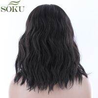 SOKU Synthetic Lace Front Wigs Ombre Blonde Natural Wave Short Bob Wigs Shoulder Length Deep Invisible Side L Part Wig For Women Gift ของขวัญ