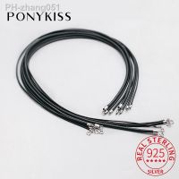 PONYKISS Real 925 Sterling Silver Black Leather Rope Choker Necklace For Women Classic Fine Jewelry Minimalist Bijoux