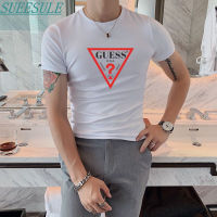 เสื้อยืดฤดูร้อนแขนสั้น SUEESULE รอบคอหลวมผู้ชายผ้าพิมพ์ลายเกาหลี