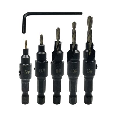 5pcs Countersink Drill Woodworking Drill Bit Set Drilling Pilot Holes For Screw Sizes 5 6 8 10 12 With a Wrench Tools