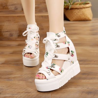 Fashion Printed Sandals Female Summer Super High Heels in Womens Shoes Slanted Heel Lace-up Peep-toe Sandals Hollow out Platfor