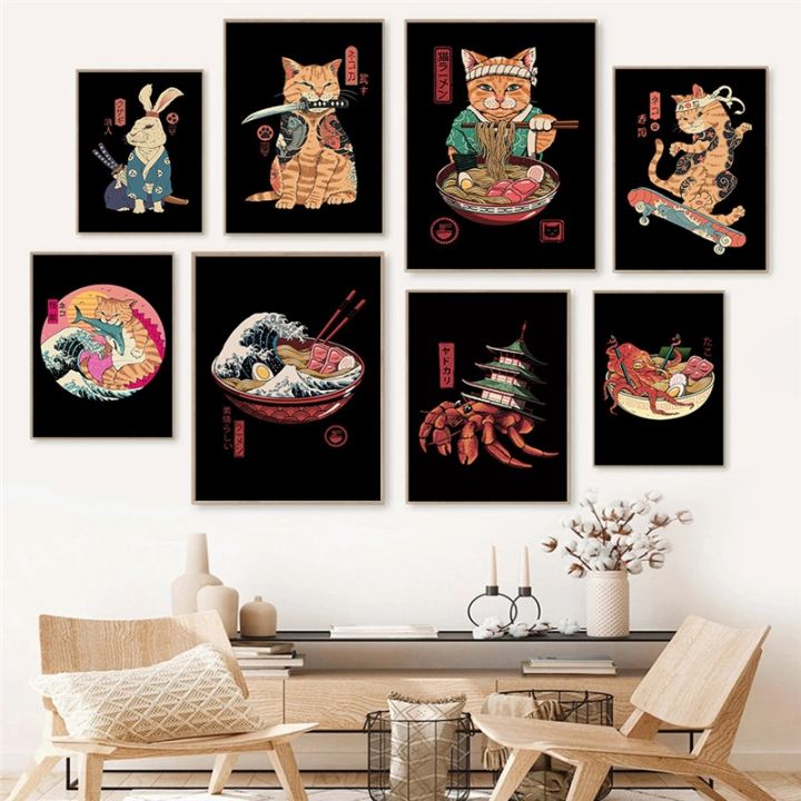 Japanese Style Poster Great Ramen Wave Sushi Samurai Cat Canvas Painting Wall  Art Kitchen Dining Room Decoration Home Decor Lazada