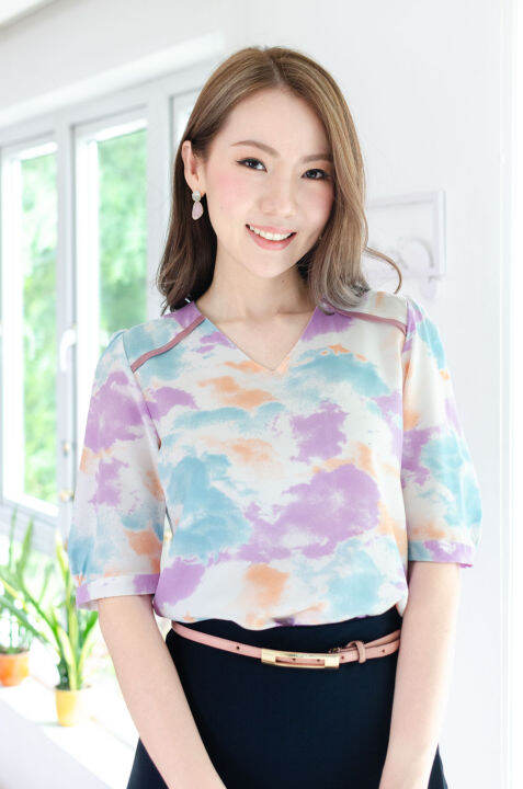 narinari-nt2427-contrast-trim-balloon-sleeve-blouse-เสื้อทำงาน