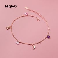 MIQIAO Anklets 925 Sterling Silver Anklets Woman Leg Foot Bracelet Moon Bear Love Summer Playa Jewelry Jeweler Rose Gold Color