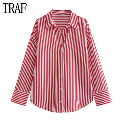TRAF สีแดงลายผู้หญิงเสื้อฤดูร้อน O Versize เสื้อสำหรับผู้หญิงคอปกปุ่มขึ้นเสื้อผู้หญิง Streetwear เสื้อแขนยาวหญิง...
