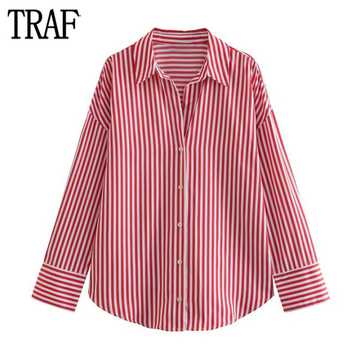 traf-สีแดงลายผู้หญิงเสื้อฤดูร้อน-o-versize-เสื้อสำหรับผู้หญิงคอปกปุ่มขึ้นเสื้อผู้หญิง-streetwear-เสื้อแขนยาวหญิง