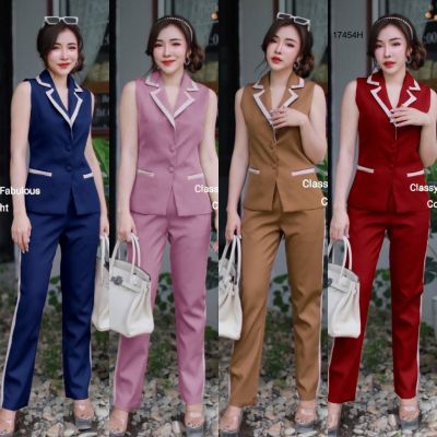 TW17454 Set 2 ชิ้น เสื้อคอปกแขนกุดกระดุมหน้า + กางเกงขายาว