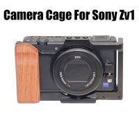 Protective Camera Cage for Sony ZV1 Camera Expansion Cage Parts with Wooden Handgrip Cold Shoe Mount for Mic Flash Light DSLR