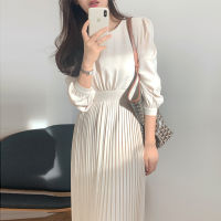 Spring Summer Women Solid Korean Pleated Dress 2022 New Long Sleeve Slim Elegant Midi Party Dress