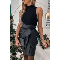 2022 Spring Autumn New Women Skirt Black Faux Leather A-LINE Lace-up Casual Above Knee, Mini Skirt Elegant Office Lady Skirt