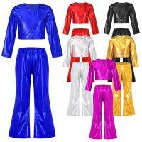 Jazz Dance Sets Tracksuit Kids Girls Boys Shiny Metallic Long Sleeve Crop Top Flared Pants Outfits for Rave Party Performance