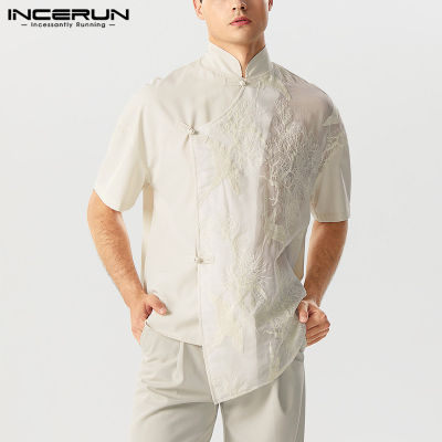 เสื้อชุดประจำชาติเย็บปะผู้ชายแขนสั้น INCERUN เสื้อลำลองตาข่ายเสื้อพิมพ์ลายเครน (สไตล์จีน)