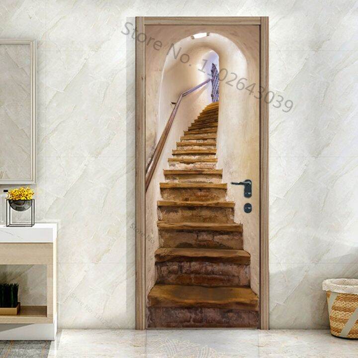 custom-size-3d-staircase-steps-door-stickers-self-adhesive-waterproof-modern-scenery-home-room-door-wrap-mural-cover-wallpaper