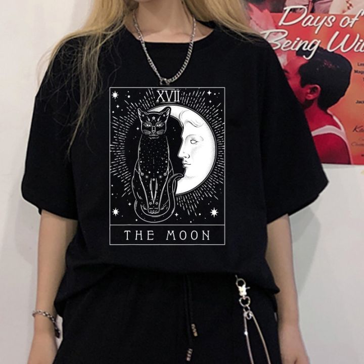 สีดำเสื้อยืดผู้หญิง-vintage-grunge-สไตล์-tee-การ์ด-tarot-ดวงจันทร์และแมวความงาม-harajuku-hipster-ulzzang-edgy-กราฟิก-tee