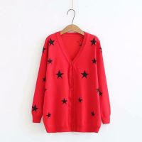 【มีไซส์ใหญ่】Plus Size Womens V-neck Button Up Red Black Cardigans Long Sleeved Knitted Slim Female Outerwear